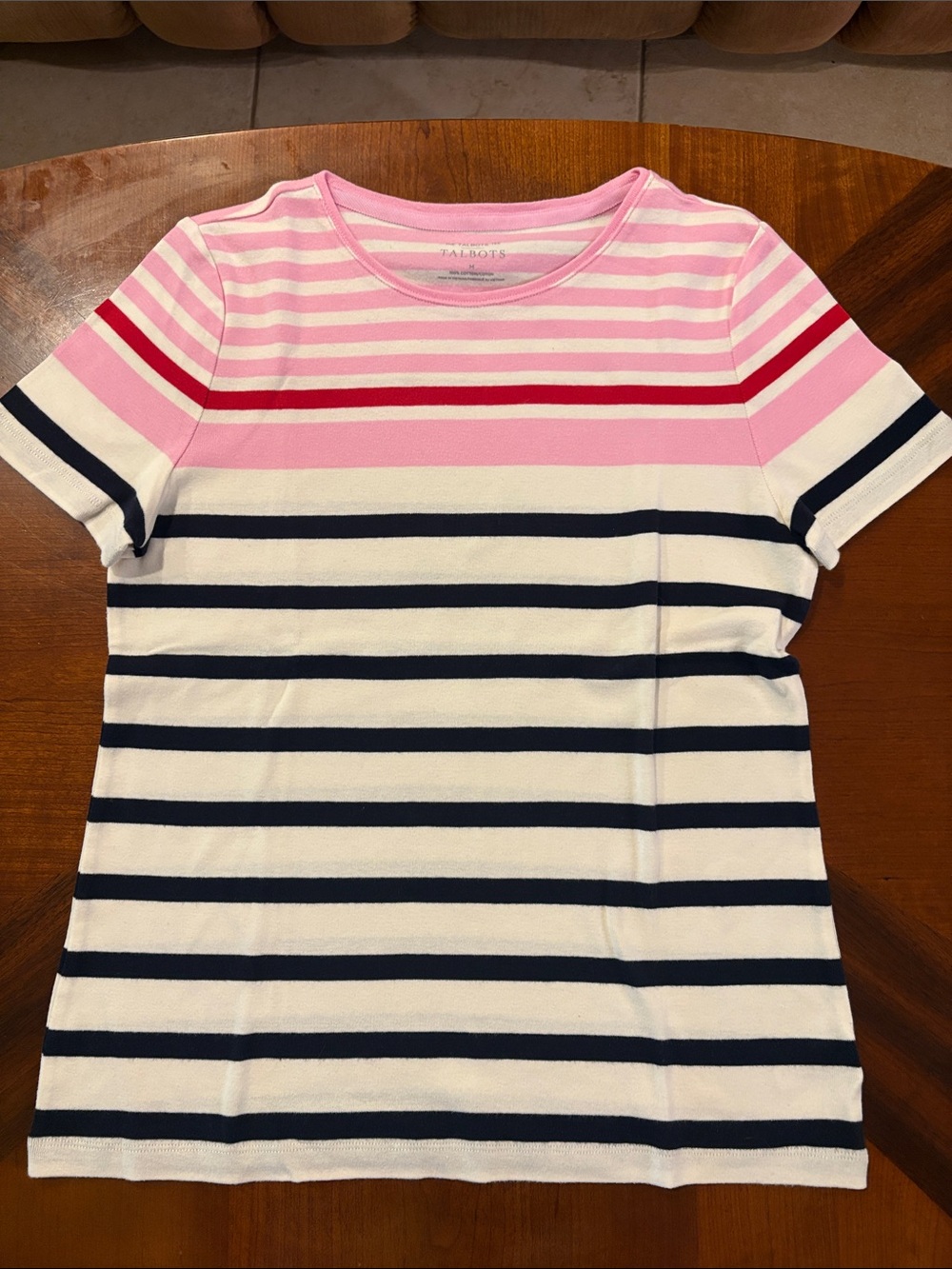 Talbots Women’s Pink, Red, White & Navy Striped Short Sleeve Tee